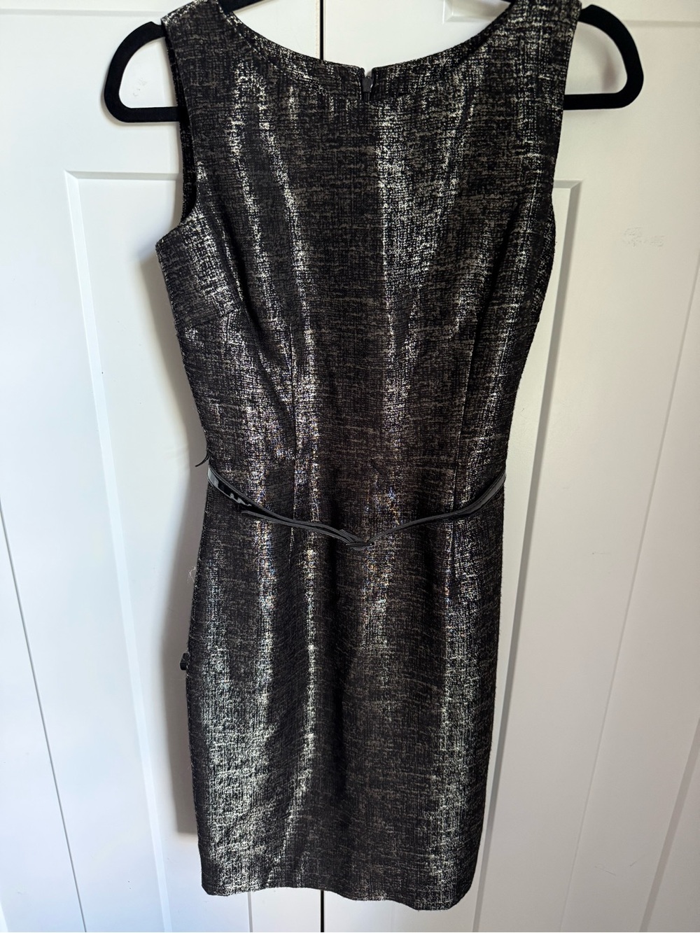 Like new Ellen Tracy Metallic Black Sheath Dress with belt. Size 2.